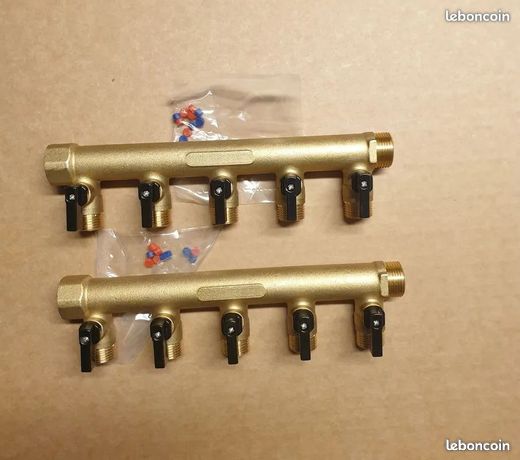 2 Collecteurs 20/27 MF 5 sorties avec vannes 15x21 M et repères rouge et bleu