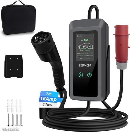 Wallbox Mobile 11 KW (triphasé) 7 mètres de câble Puissance de Charge réglable Départ différé CEE 16A vers Type 2 et Chargeur EV avec Puissance de Charge réglable pour Voiture électrique