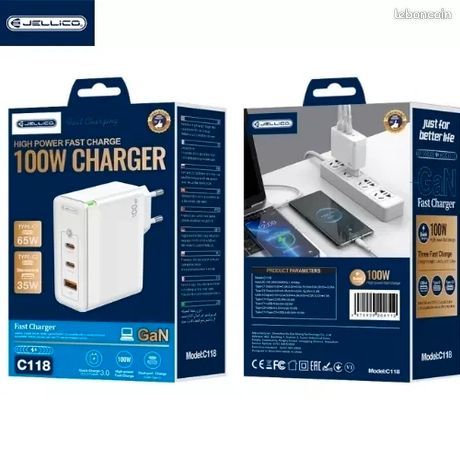 Adaptateur secteur Triple port 2X USB-C + 1X USB-A 100W USB-C/Type C vers Type C JELLICO C118