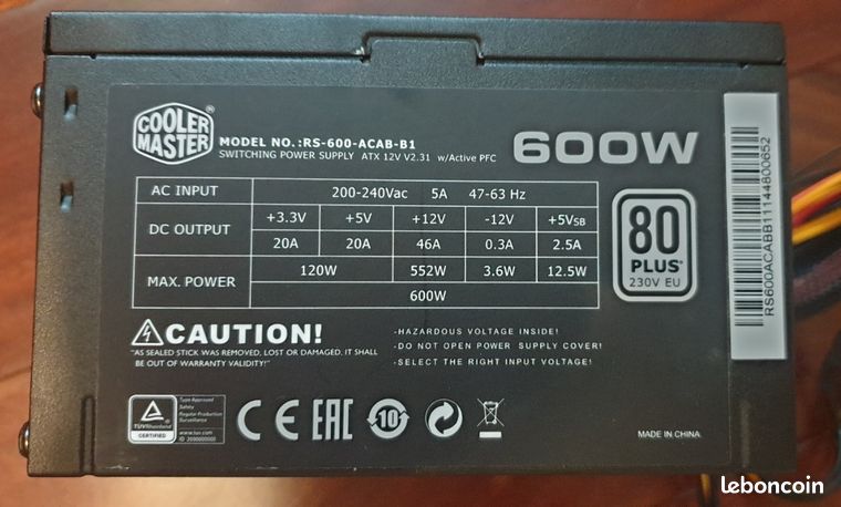 Alimentation PC coller master 600 watts rs600-acab-b1