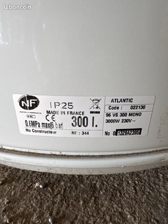 Ballon d’eau chaude ATLANTIC 300L – Très bon état