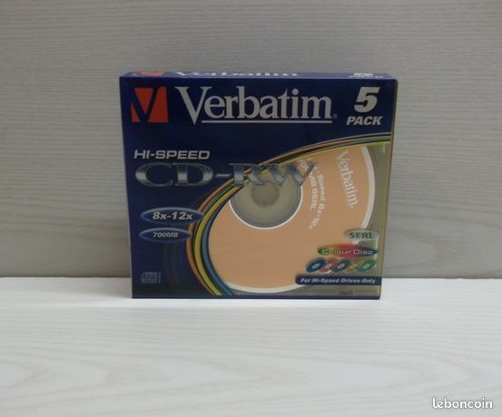 Cinq CD-RW 700MB Réinscriptible VERBATIM AAB COLOR plus Boitiers rangement TRADITIONNEL;