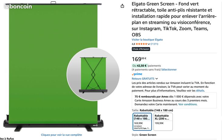 Ecran fond vert rétractable 148 x 180