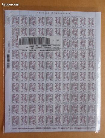 Feuille de 100 timbre poste marianne lettre prioritaire 250g