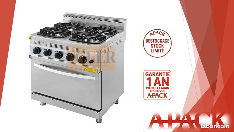 Fourneau gaz 4 feux vifs, sur four gaz GN 2/1