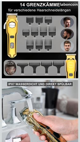 Hatteker Tondeuse cheveux professionnelle Tondeuse barbe et cheveux homme Tondeuse avec ciseaux Kit sans fil T-lame amovible Tondeuse à cheveux longs imperméable or