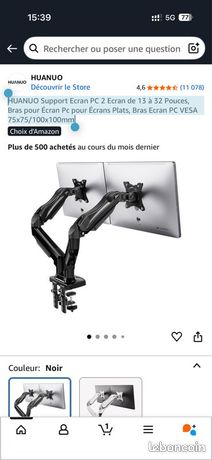 HUANUO Support Ecran PC 2 Ecran de 13 à 32 Pouces, Bras pour Écran Pc pour Écrans Plats, Bras Ecran PC VESA 75x75/100x100mm