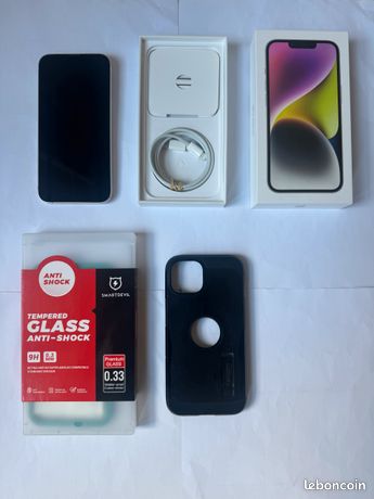 Iphone 14 Blanc Exc. Etat avec boîte, facture, protection écran et coque Spigen