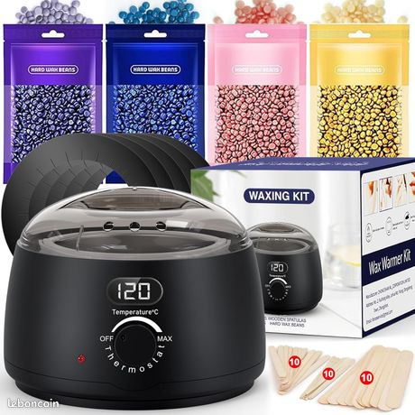 Kit d'épilation à la cire 1 chauffe-cire avec écran LED 400g de perle de cire 30 spatules bagues de protection gants