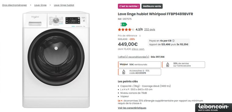 Lave linge hublot WHIRLPOOL 9 kg