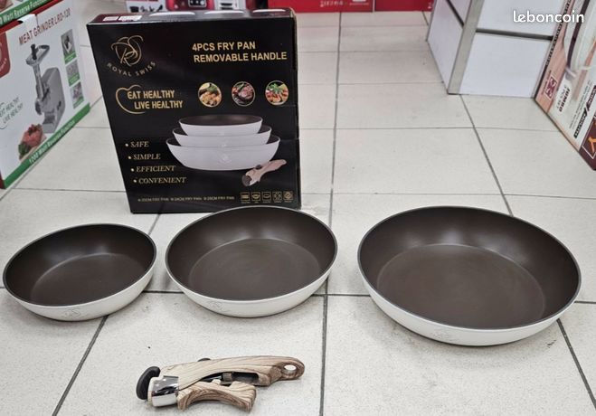 gratuite Paris et banlieues 3 poêles en pierre beige manche amovible 20cm/24cm/28cm compatible tous feux dont induction