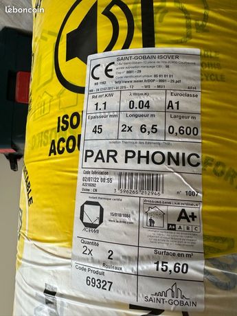 Lot de 2x2 rouleaux laine de verre cloison par phonic dos nu Ep.45mm 6.5x0.6mR1.1