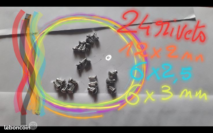 24 rivets Sim typ U Alu fausse visses à frapper ( 12 rivets de 2mm + 6 de 2,5mm + 6 de 3mm ) pour fixer plaque moteur cadre Motobecane mobylette signalétique identification autre