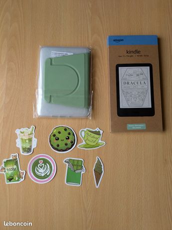 liseuse kindle vert Matcha SANS publicité avec coque magnétique rotative et autocollants