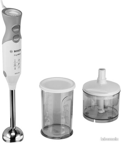 MSM66120 Mixeur Plongeant ErgoMixx Mélangeur ultra puissant pour les usages intenses Puissance de 600 W Mini-hâchoir inclus Couleur Blanc/Gris Classe énergétique B